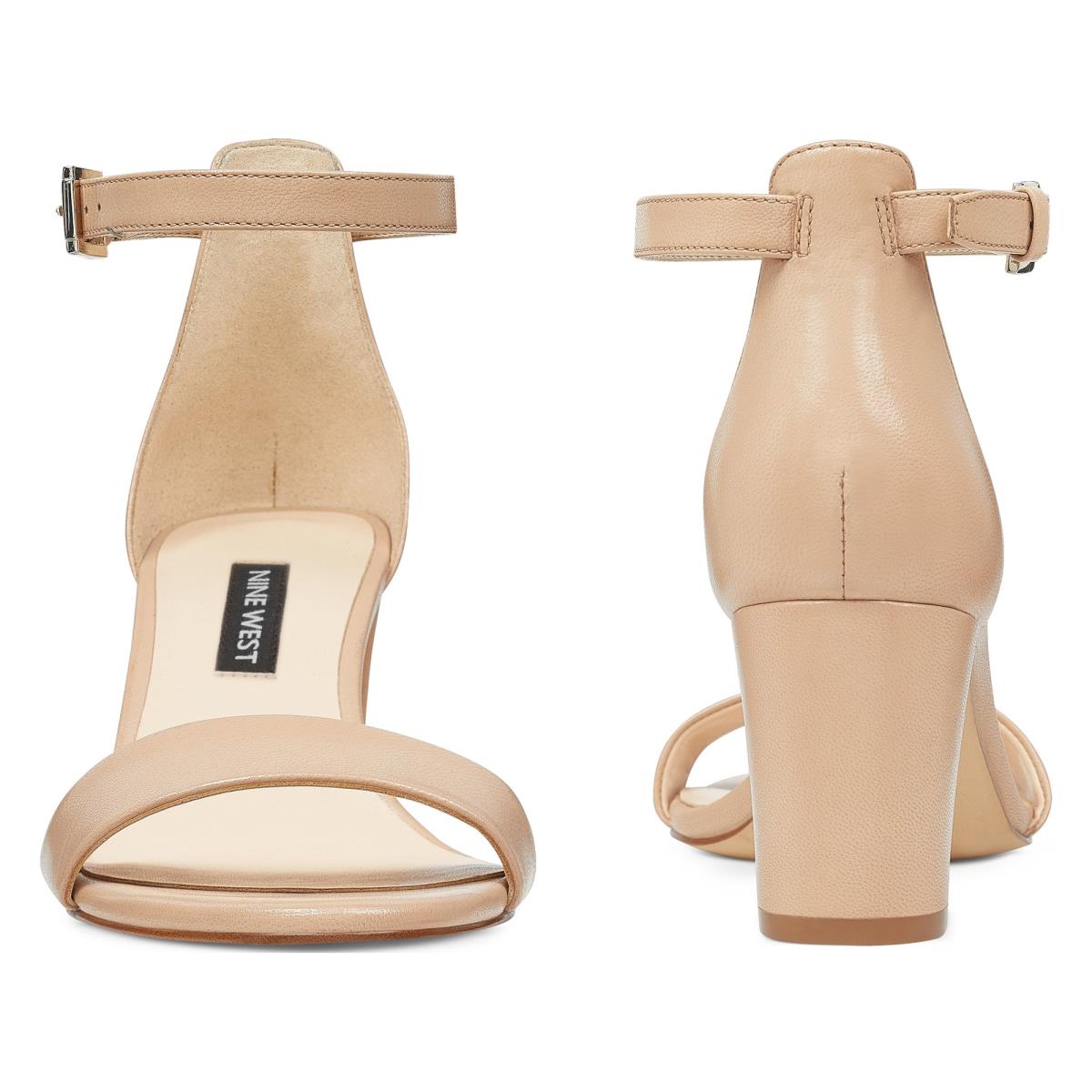 Beige Women's Nine West Pruce Ankle Strap Block Heels Sandals | FJVT65014