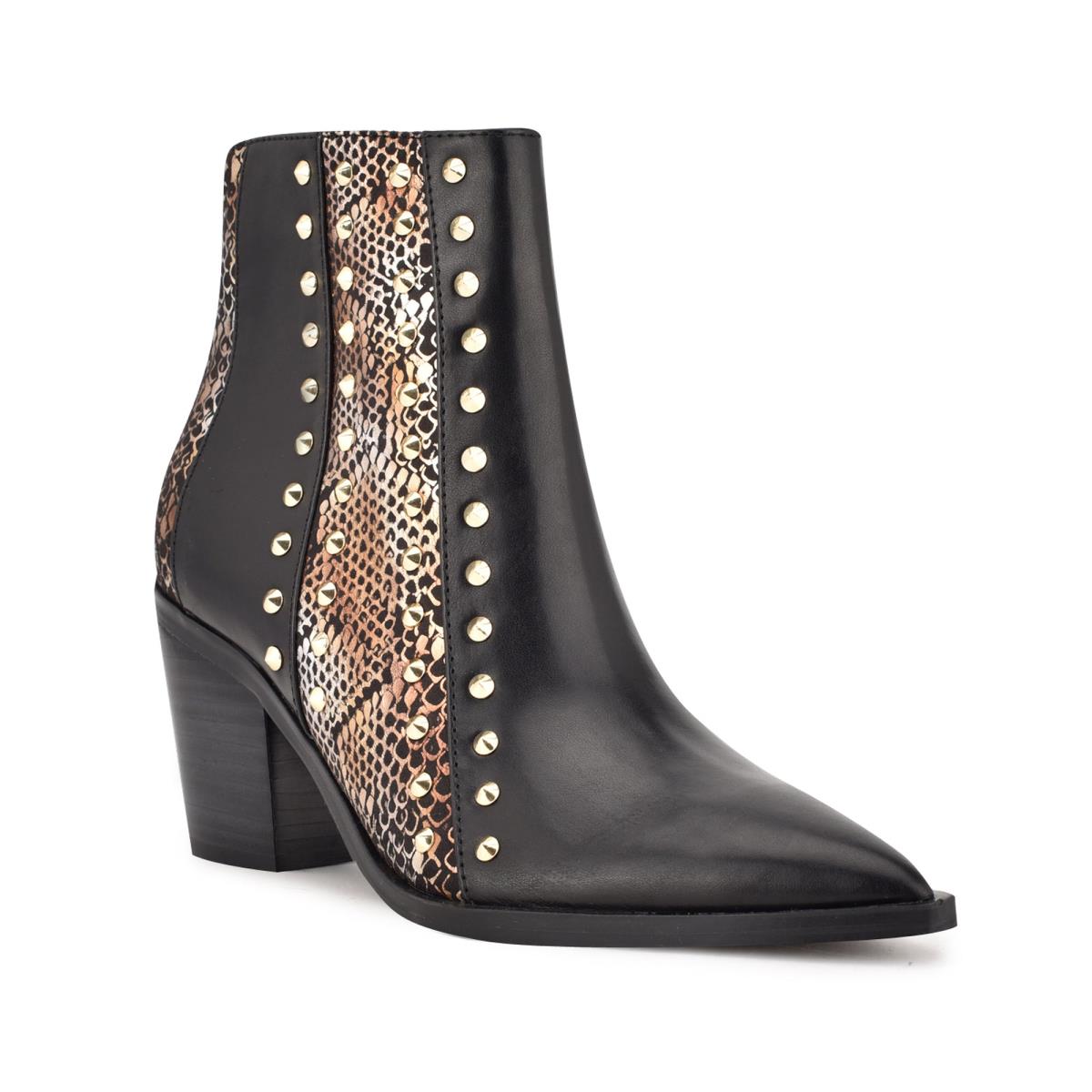 Black / Gold Women's Nine West What Studded Block Heel Booties | LWOE56218