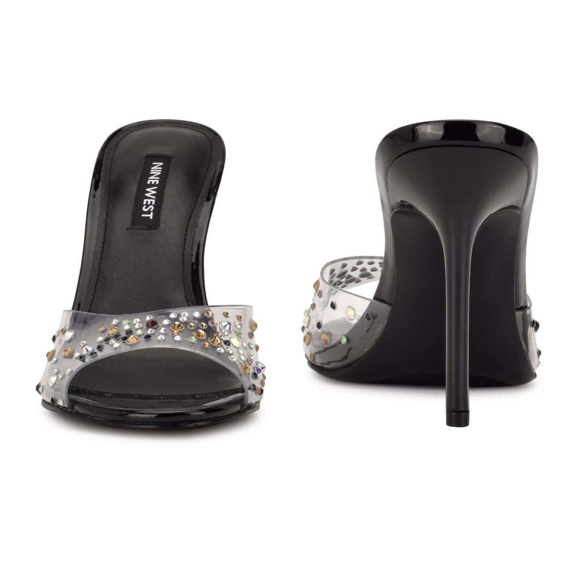 Black Women's Nine West Ido Rhinestone Heeled Slide Sandals | BRSG64839