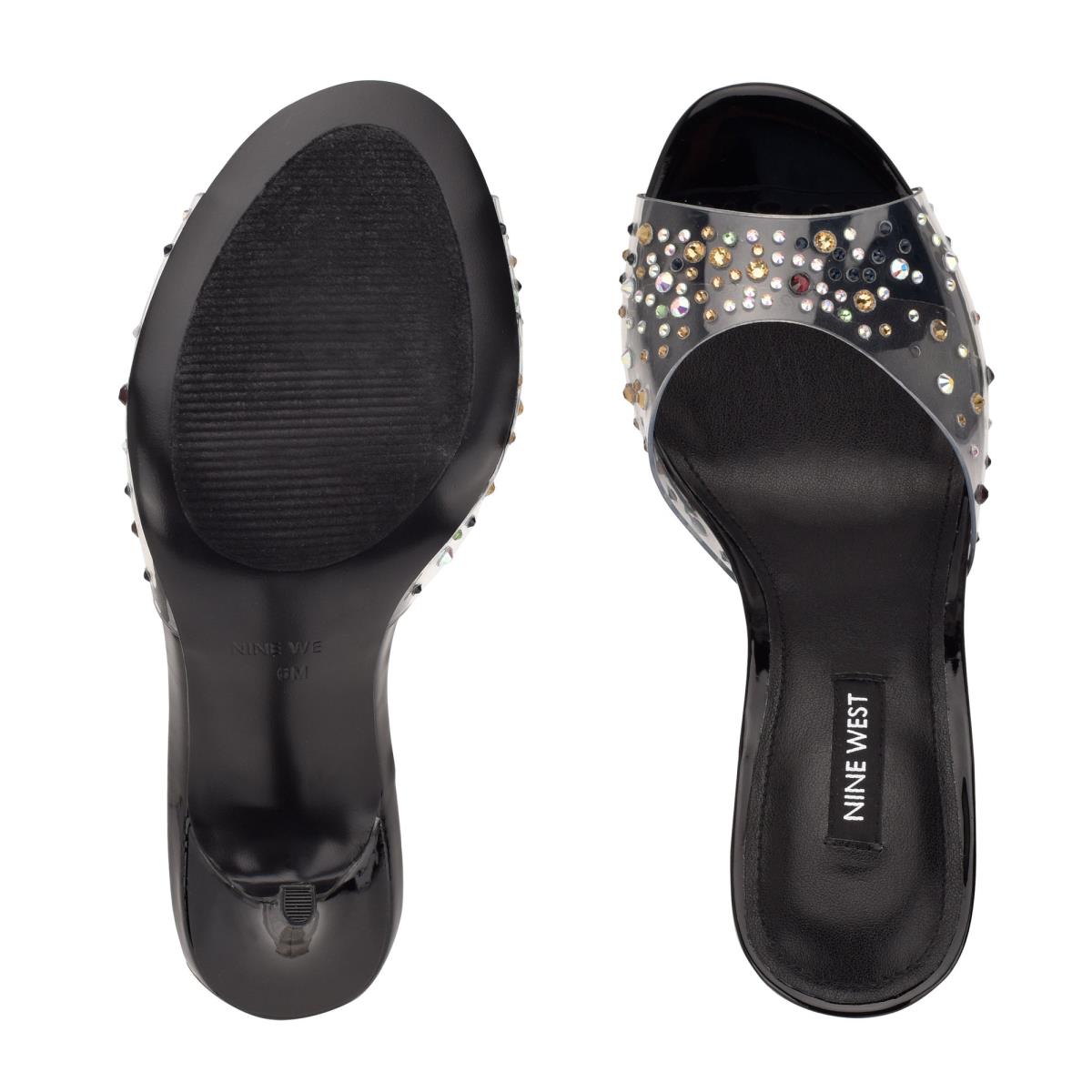 Black Women's Nine West Ido Rhinestone Heeled Slide Sandals | BRSG64839