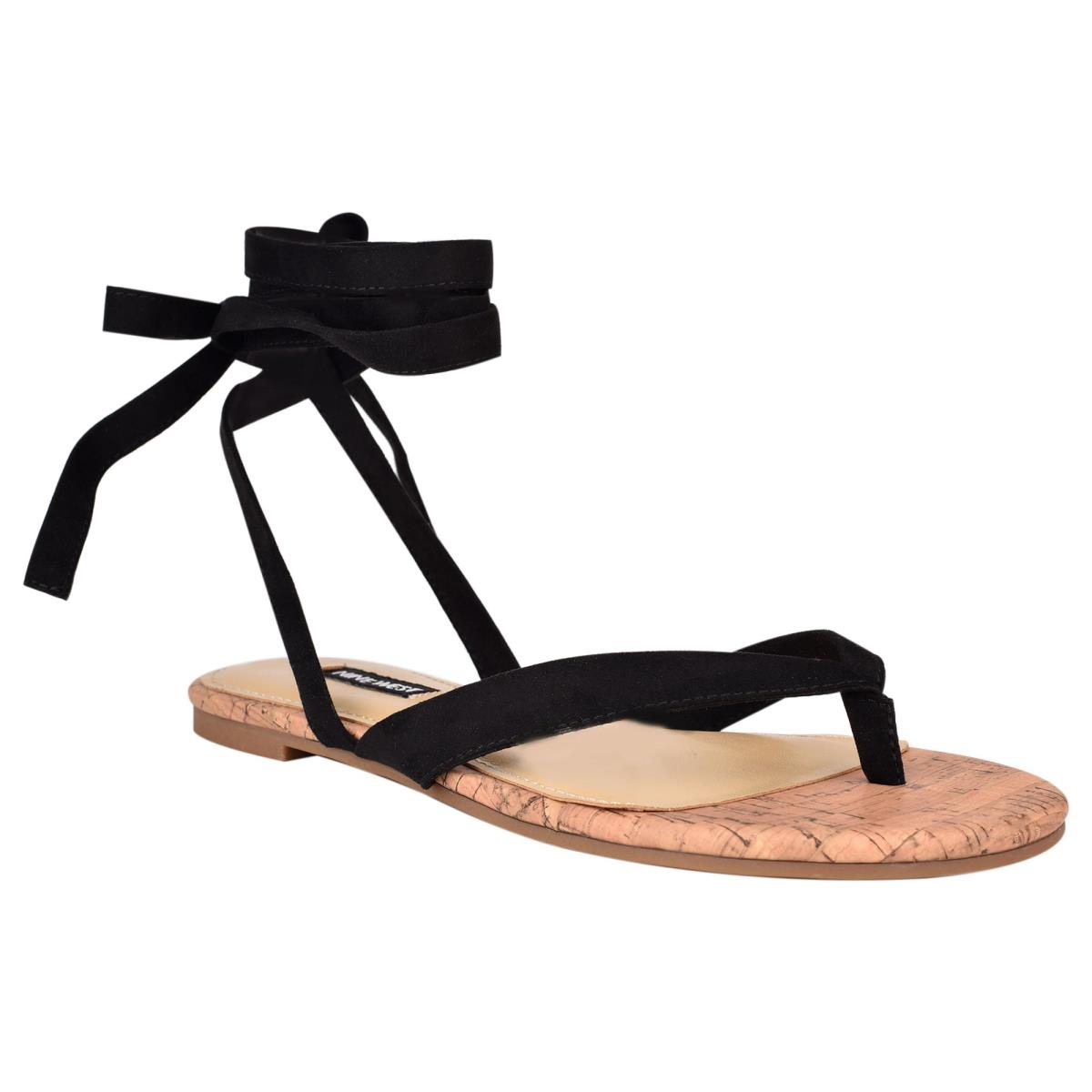 Black Women's Nine West Tiedup Ankle Wrap Flat Sandals | IVEX65241