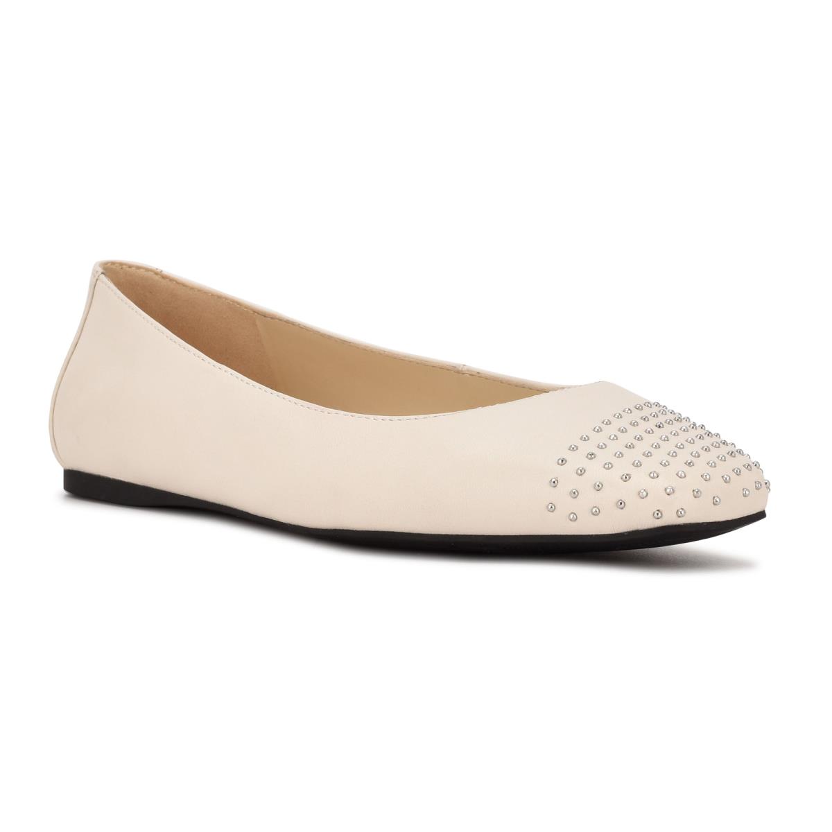 Cream Women's Nine West Aloha Studded Square-Toe Ballet Flats | BYMP96712