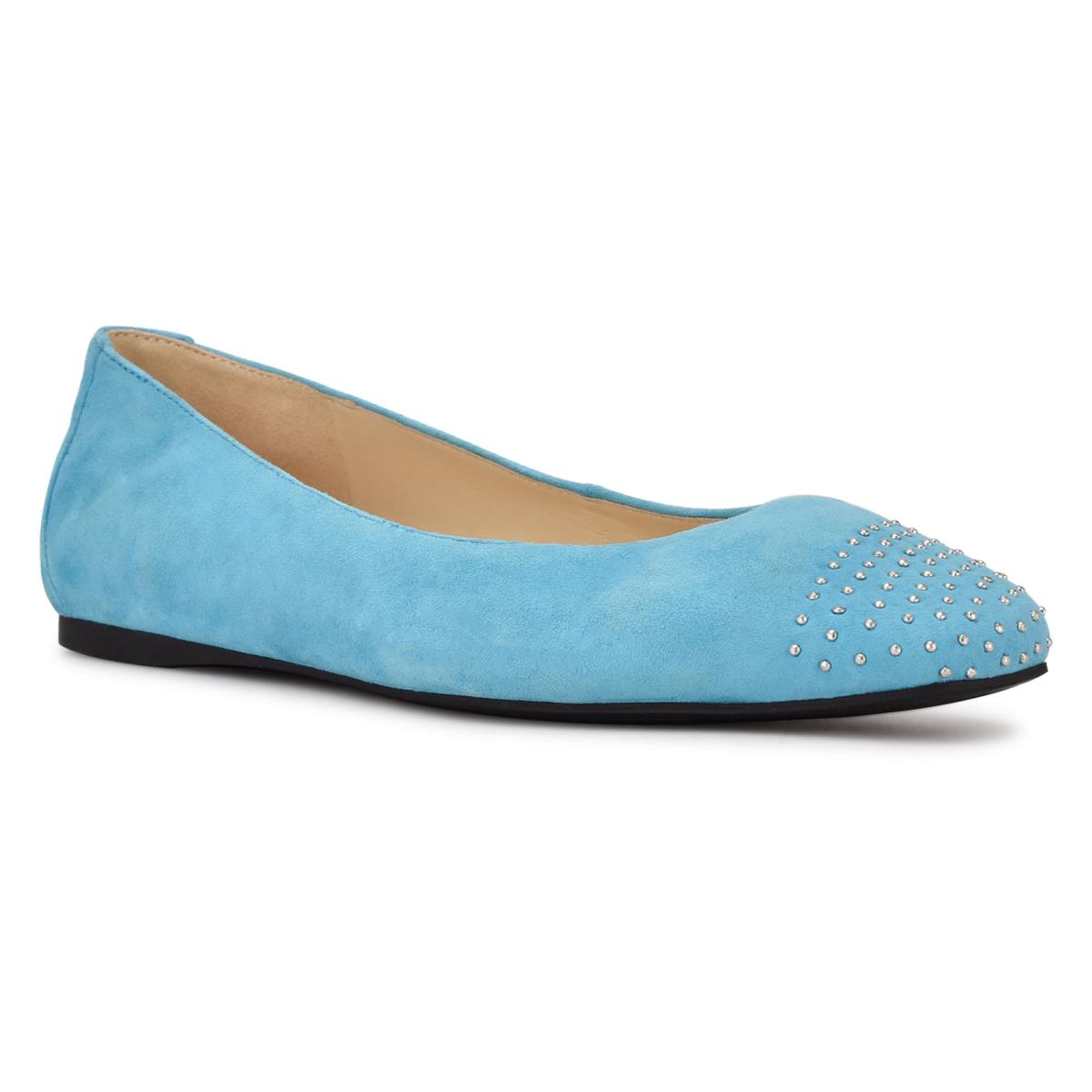 Light Blue Women's Nine West Aloha Studded Square-Toe Ballet Flats | CBIO21958