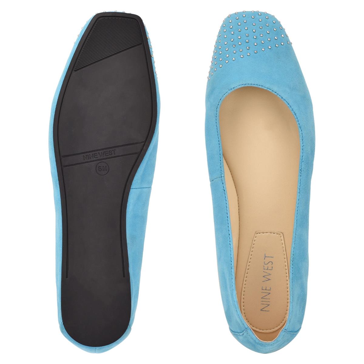 Light Blue Women's Nine West Aloha Studded Square-Toe Ballet Flats | CBIO21958