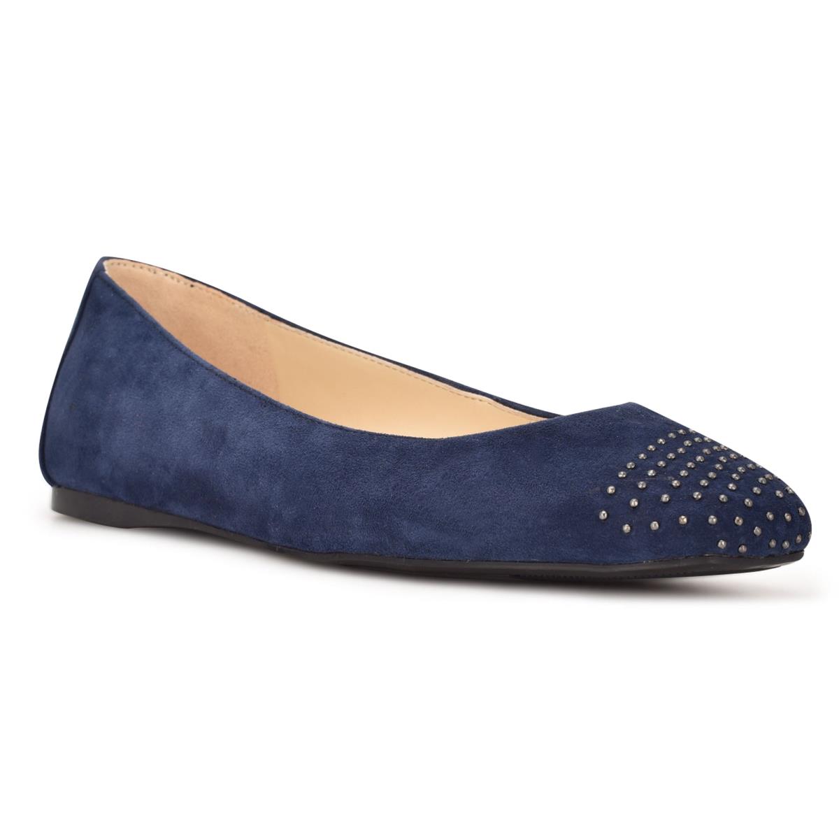 Navy Women's Nine West Aloha Studded Square-Toe Ballet Flats | NYSC39648