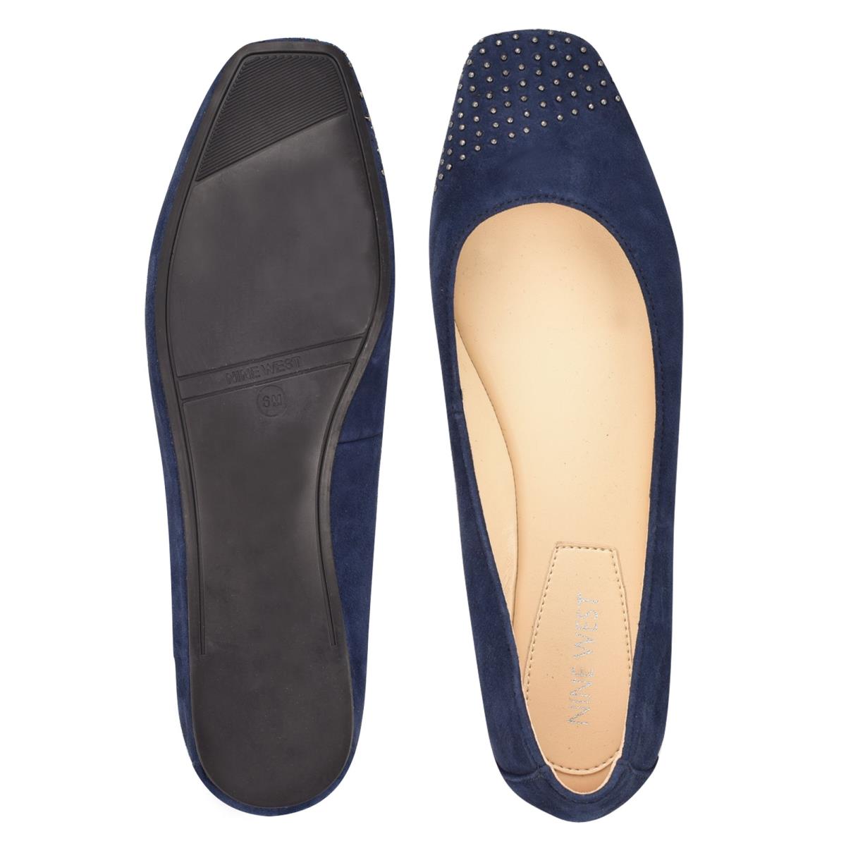 Navy Women's Nine West Aloha Studded Square-Toe Ballet Flats | NYSC39648