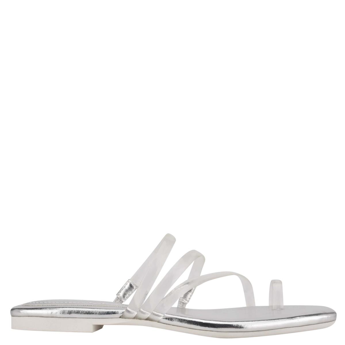 Silver Women\'s Nine West Darbie Flat Toe Ring Slide Sandals | YAZG60315