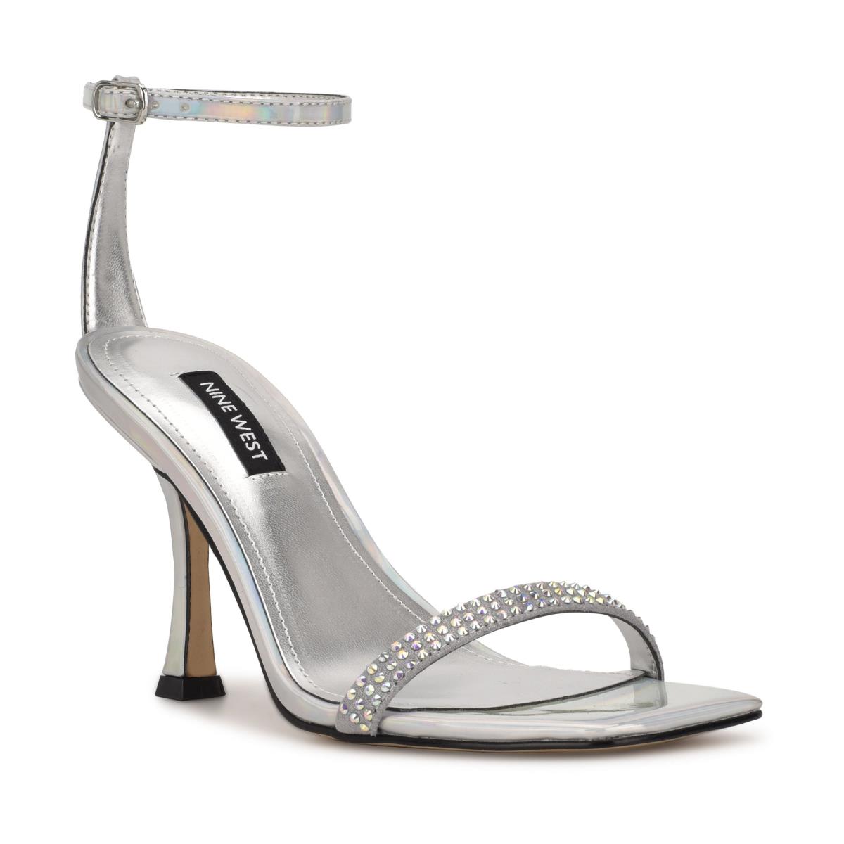 Silver Women's Nine West Yess Rhinestone Ankle Strap Sandals | GYSX71389