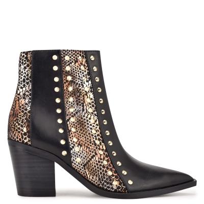 Black / Gold Women's Nine West What Studded Block Heel Booties | LWOE56218