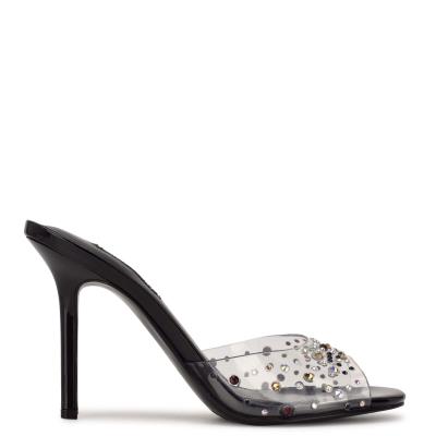 Black Women's Nine West Ido Rhinestone Heeled Slide Sandals | BRSG64839