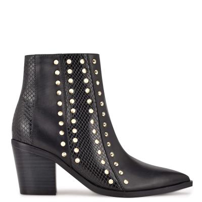 Black Women's Nine West What Studded Block Heel Booties | KLCF92831