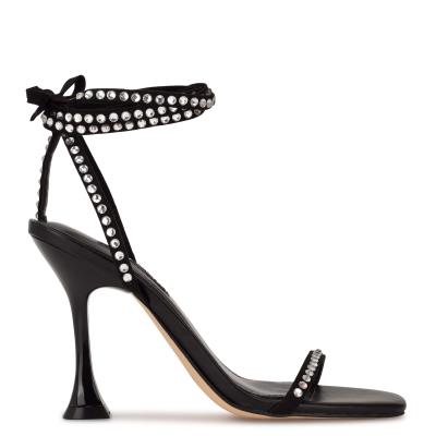 Black Women's Nine West Zing Ankle Wrap Heels Sandals | TVRG86709