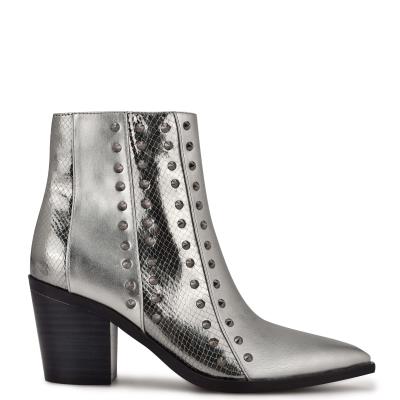 Blue / Grey Women's Nine West What Studded Block Heel Booties | YZJN65104