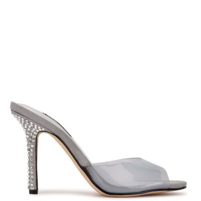 Light Grey Women's Nine West Ido Rhinestone Heeled Slide Sandals | CLFE43957