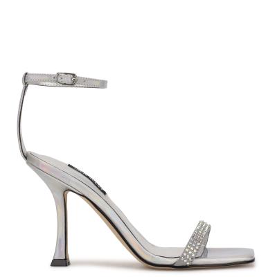 Silver Women's Nine West Yess Rhinestone Ankle Strap Sandals | GYSX71389