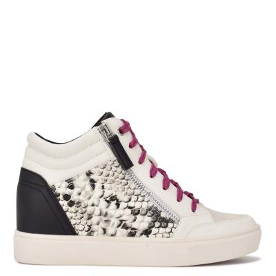 White / Snake Women's Nine West Tons High Top Hidden Wedge Sneakers Sneakers | TRKZ85764